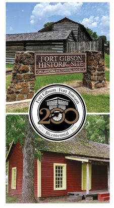 Photos of Fort Gibson and the 200th Bicentennial Seal with a cannon logo.