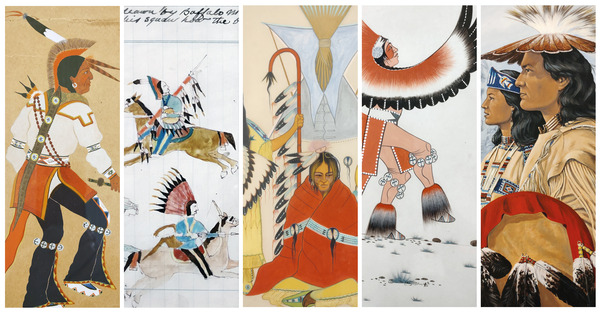 A series of details of Native American artwork by Mopope, Buffalo Meat, Toppah, Big Bow, and Enoch Kelly Haney.