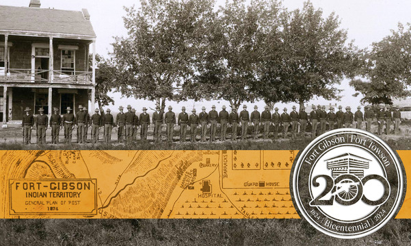 200th Bicentennial of Fort Gibson with a piece of the had-drawn 1874 map and a historic photo taken with a line of soldiers at the site.