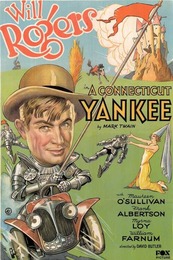 A movie poster made for the film a Connecticut Yankee depicting Will Rogers wearing a bowler and knights armor, driving a car