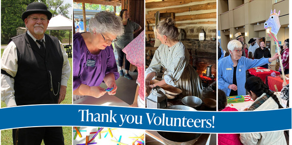 A collage of volunteers, dressed in living history attire, working on crafts, cooking over an open flame, and helping children at the OHC