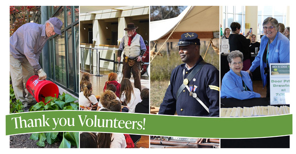 A collage of Volunteers gardening, giving tours, demonstrating the uniform and history of serving the Union, and welcoming visitors.