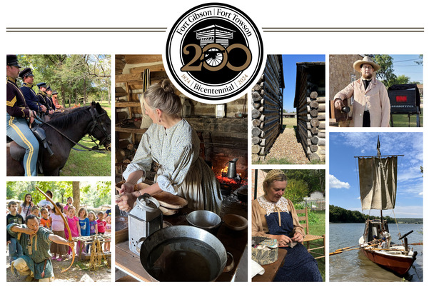 A collage of living history reeactors at the Fort Gibson site cooking, military drills, demonstrations, weaponry, and photography