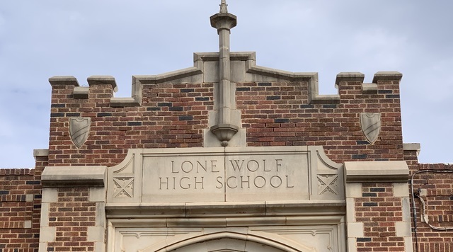 A photo of the mason work on Lone Wolf High School