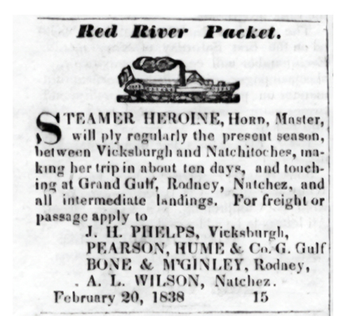 Southern Telegraph newspaper Rodney.Mississippi.May2.1838.RedRiverPacket Heroine