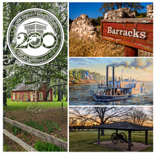Photos taken at the Fort Towson site and an artist's rendering of the Steamboat Heroine with the 200th bicentennial seal
