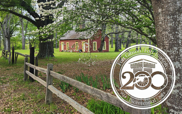 A photo of the Sutler's Store at Fort Towson Historic Site and the 200th Bicentennial Seal