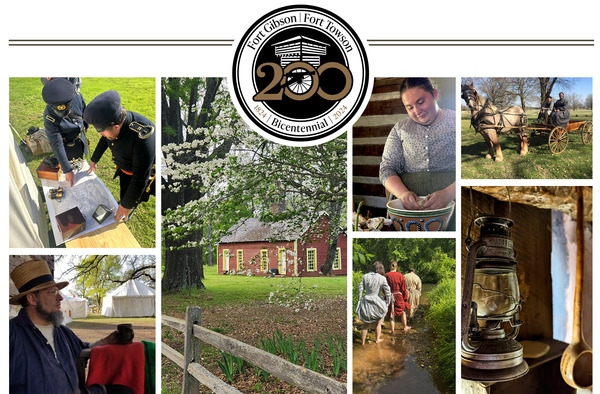 A photo collage of Fort Towson outdoor programs and activities together with the 200th Bicentennial seal