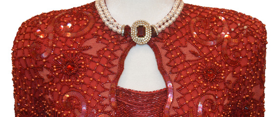 The shoulders and bejeweled neckline of the Rhonda Walters inaugural ballgown. The dress has beautifully patterned beading and sequins.