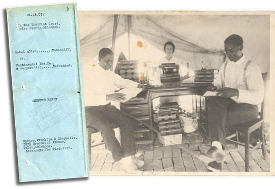 Practicing law in a Red Cross tent on June 6.1921I.H. Spears, secretary Effie Thompson, and B.C. Franklin.NMAAHC2015.176.2