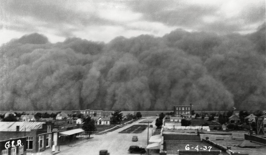 An approaching dust storm descends on the town of Hooker, June 4, 1937