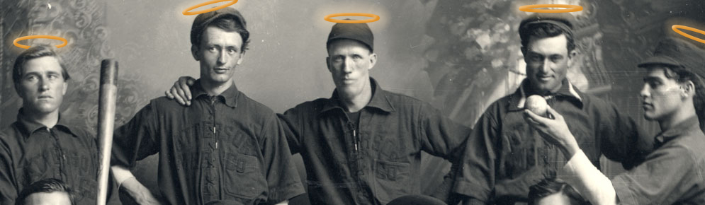 A historic image of five baseball players holding bats and balls. Halos have been added above each players' head.