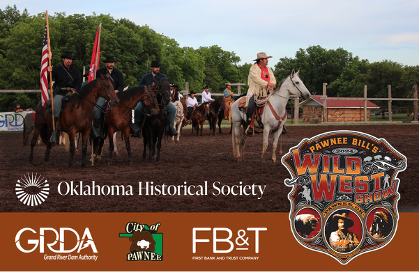 A graphic with Kevin Webb and riders in the Pawnee Bill arena seated on horseback. Sponsor logos and the event graphic