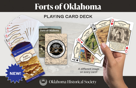 Forts of Oklahoma playing card deck with a hand holding Fort Supply, Fort Gibson, Fort Washita, and Fort Towson cards