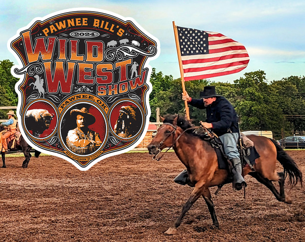 Staff photo by Trait Thompson depicting a military rider flying by on his horse with the American Flag in one hand and the WWShow logo