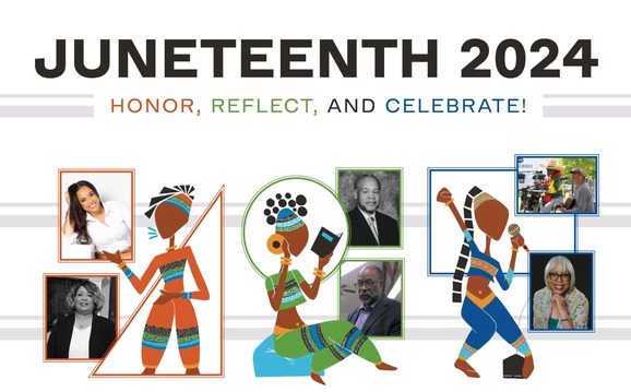 Juneteenth 2024 graphic with photos of presenters scattered throughout the graphics of performers, students, and speakers