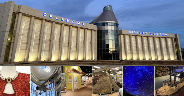 A collage of the Oklahoma History Center building and exhibit features pictured in 6 windows, including steamboat, tipi, star map, and airplane