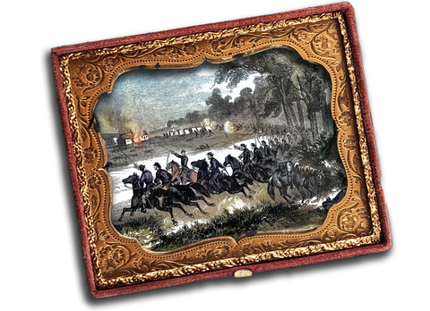 A colorized engraving of the Battle of Honey Springs behind a daguerreotype style frame. The image is turned at an angle with a shadow