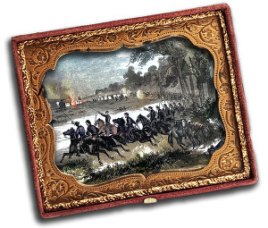 A colorized engraving of the Battle of Honey Springs behind a daguerreotype style frame. The image is turned at an angle with a shadow