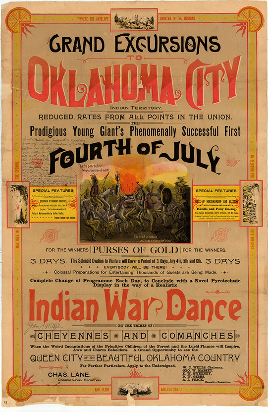 July 4 1889 poster, advertising a large event in the city of Oklahoma City. It depicts horse-racing, sack racing, war dances, infantry drills