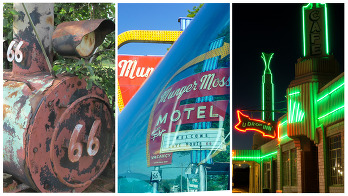 Three photos of a rustic roadside "66" train attraction, the Munger Moss Motel, and the Shamrock "U-Drop-Inn" by Rhys Martin