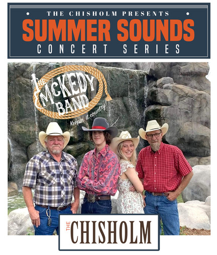 A poster for the Summer Sounds concert series with the McKedy Family Band pictured. The Chisholm logo is a part of the graphic.