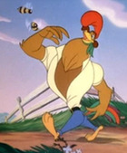 A movie screen with the image of "Rock-A-Doodle" - it depicts a rooster with a fifties hairstyle strutting along a dirt road