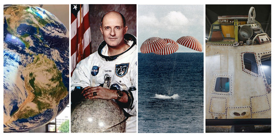 A collage depicting the Earth, the SkyLab capsule, Astronaut T. Stafford, and the Apollo 13 splashdown in the Launch to Landing OHC exhibit