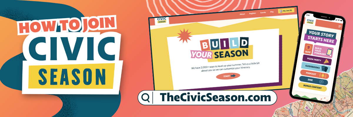 A peach colored banner for TheCivicSeason.com with mid century motifs and the words "Build Your Season"