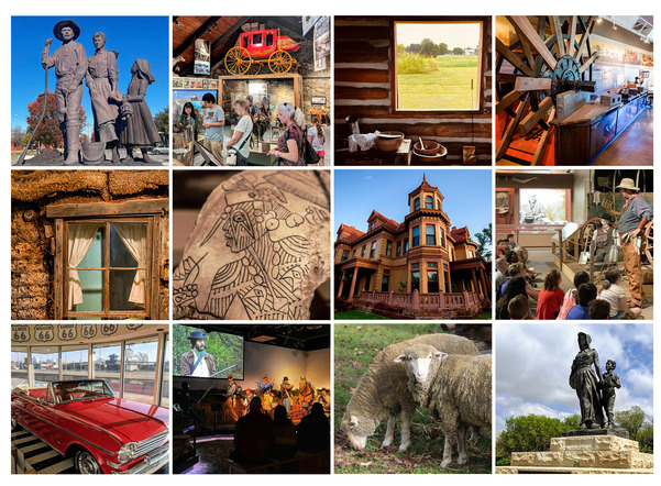 A collage of 12 images of OHS museums and sites including Pawnee Bill Ranch, Hunter's Home, Honey Springs Battlefield and many others