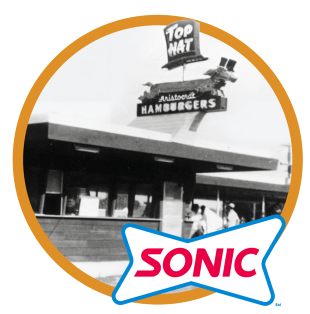 The image of the Top Hat restaurant with a Sonic logo. The art is surrounded by a gold ring
