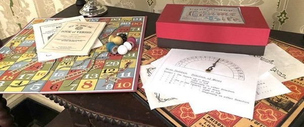 19th-Century games and items assembled together to illustrate things being searched for in the Hunter's Home scavenger hunt