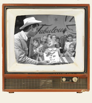 75 Years of Television graphic for an exhibit depicting historical television sets with black and white images of Foreman Scotty, OU Football