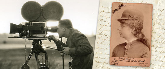 A photograph of a camerman shooting film, a historic photo of May Lillie, and a historic map below