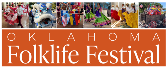 A collection of images of dancers, country flags, and participants of the Folklife Festival at the Oklahoma History Center