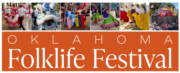 A collection of images of dancers, country flags, and participants of the Folklife Festival at the Oklahoma History Center