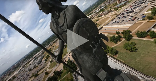 A screencapture of the drone footage of the sculpture atop the Oklahoma State Capitol