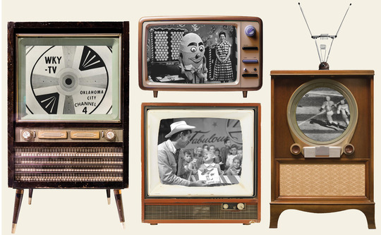 Four vintage television sets with images of Oklahoma programs like Circle Four Ranch, Ida B, and an Oklahoma football game