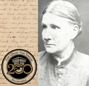 A handwritten letter portion and a photograph of Hannah Hicks and the 200th bicentennial seal for Fort Gibson 