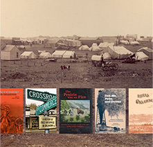 OHS books "Rural Oklahoma," "Crossroads of Commerce," and others with a photo of a tent settlement in the background