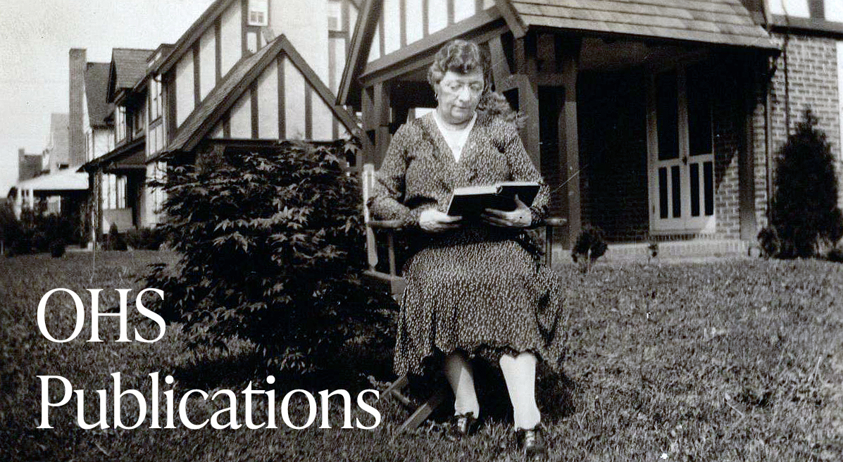 May Lillie reading a book, on the left side of the photograph the words read "OHS Publications"