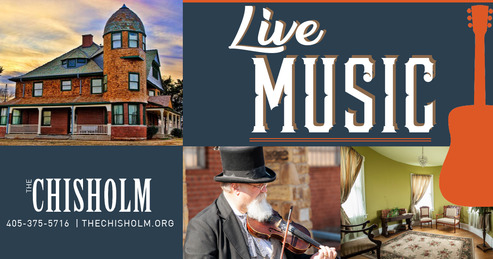 A banner with a phont of the A.J. Seay Mansion and Wayne Cantwell playing a fiddle with the words "Live Music" incorporated in the design