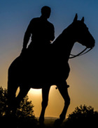 Will Rogers statue outside the Will Rogers Memorial Museum riding soapsuds, his horse and the WRMM logo