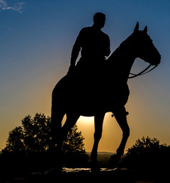 Will Rogers statue outside the Will Rogers Memorial Museum riding soapsuds, his horse and the WRMM logo