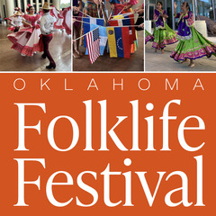 A 2024 Folklife Festival advertisement with a large orange graphic block and photos of dancers and people at the festival