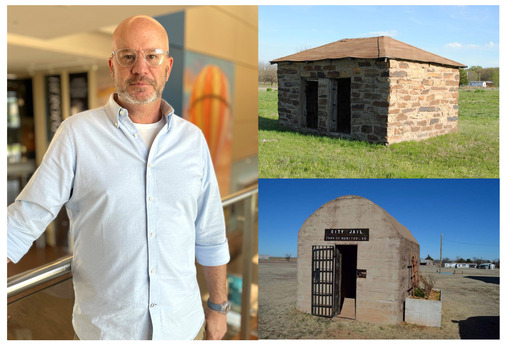 Michael Mayes and photos of 2 tiny jails found in Oklahoma. Mayes is standing at the 2nd floor balcony of the Oklahoma History Center