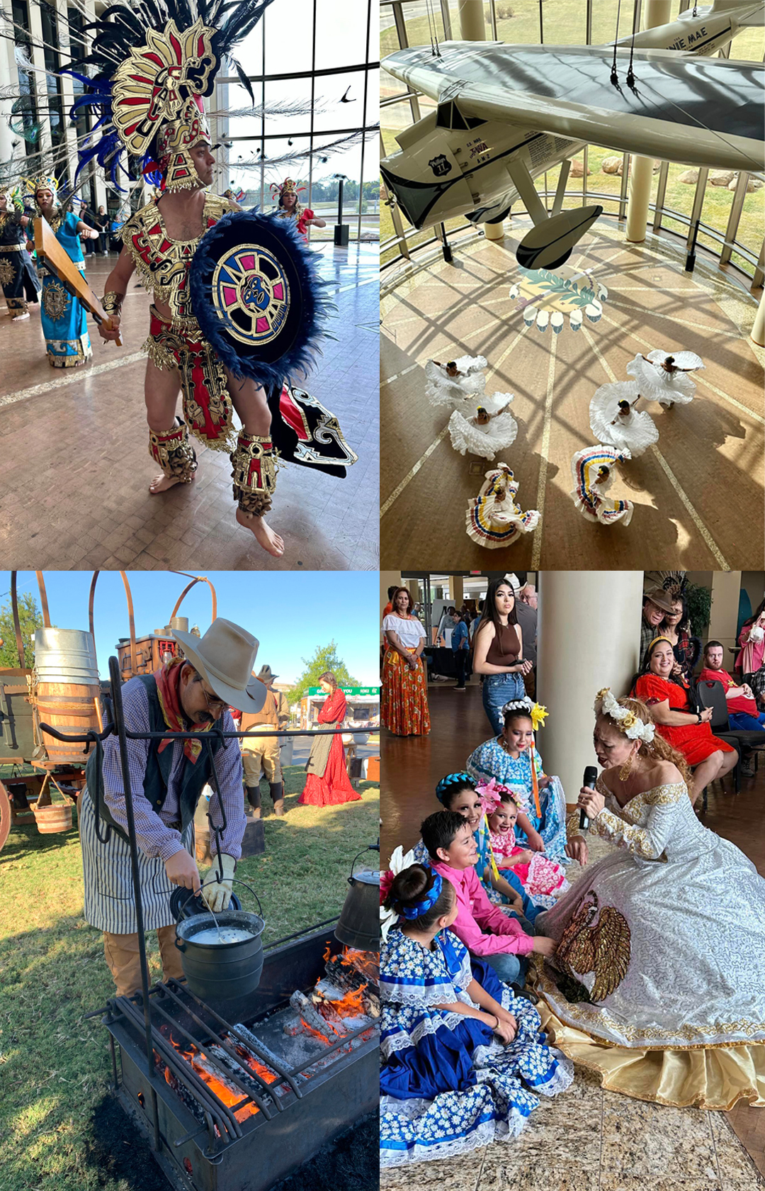 Dancing groups swirling skirts depicted at the Folklife Festival with full costumes. A goup of children listening to a storytelling, and a cowboy cook