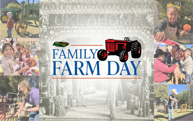 A collage of families doing outdoor activities at a fall festival. A Tractor and the Family Farm Day logo are at the center of the graphic.