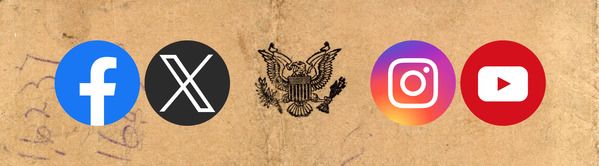 War Ration book back cover with a symbol of an eagle grasping wheat and arrows. The icon falls behind social media icons to the right and left