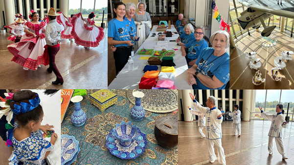 A Collage of images taken at the Folklife Festival, depicting cultural dancers and settings within the Oklahoma History Center